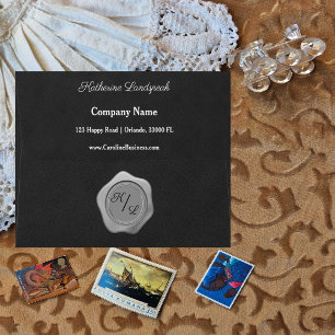 Black Suede & Silver Faux Wax Seal Business Envelope