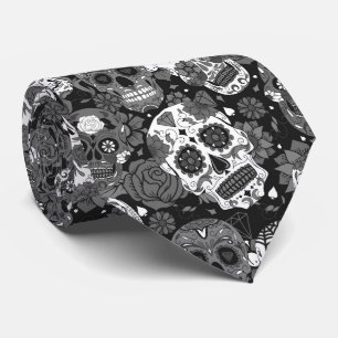 Black sugar skull floral ornamental pattern tie