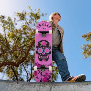 Black Sugar Skull on Pink Dd Brand Skateboard