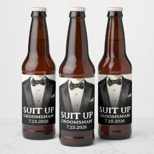 Black Suit Groomsman Proposal Beer Labels Suit Up