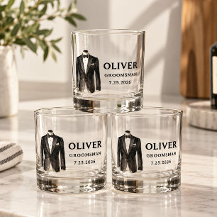 Black Suit Groomsman Proposal Whiskey Glass