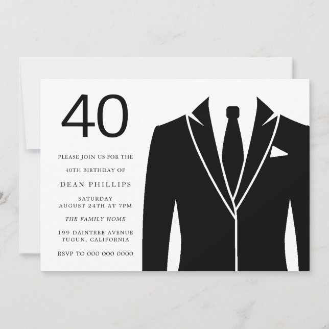 Black Suit & Tie 40th Birthday Party Invitation (Front)