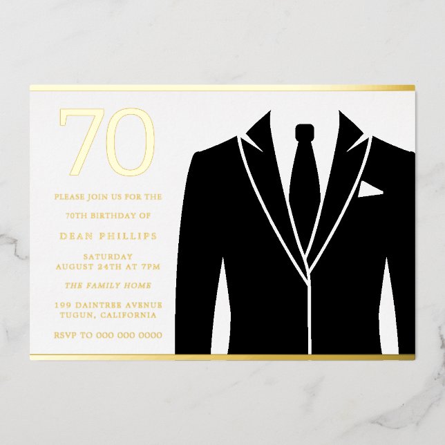 Black Suit & Tie 70th Birthday Party Real Gold (Front)