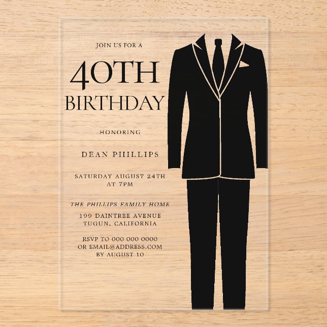 Black Suit & Tie Mens 40th Birthday Party Acrylic Invitations (Front)
