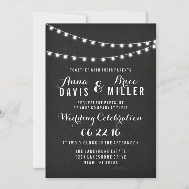 Black Summer String Light Wedding Invites (Front)