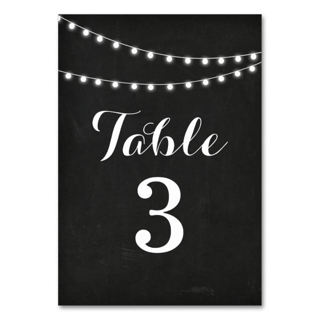 Black Summer String Light Wedding Table Numbers (Front)