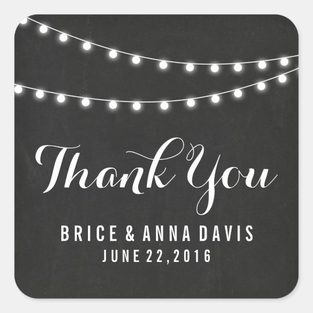 Black Summer String Light Wedding Thank You Square Sticker (Front)
