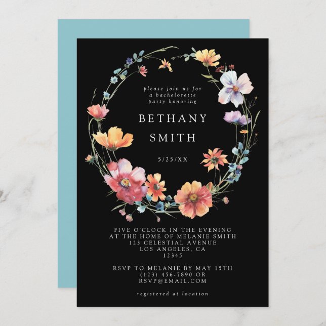 Black Summer Wildflower Bachelorette Party Invitation (Front/Back)