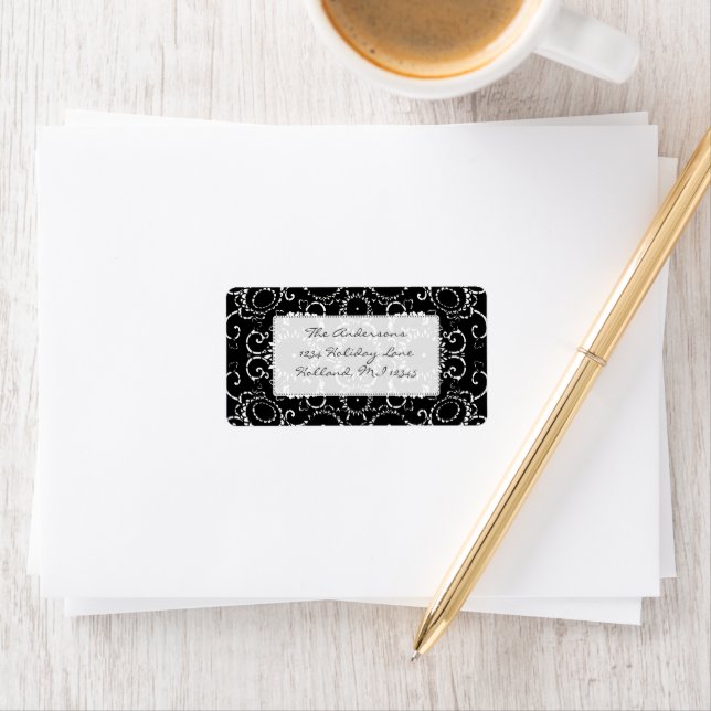 Black Sunflower Damask Wedding Address labels (Insitu)