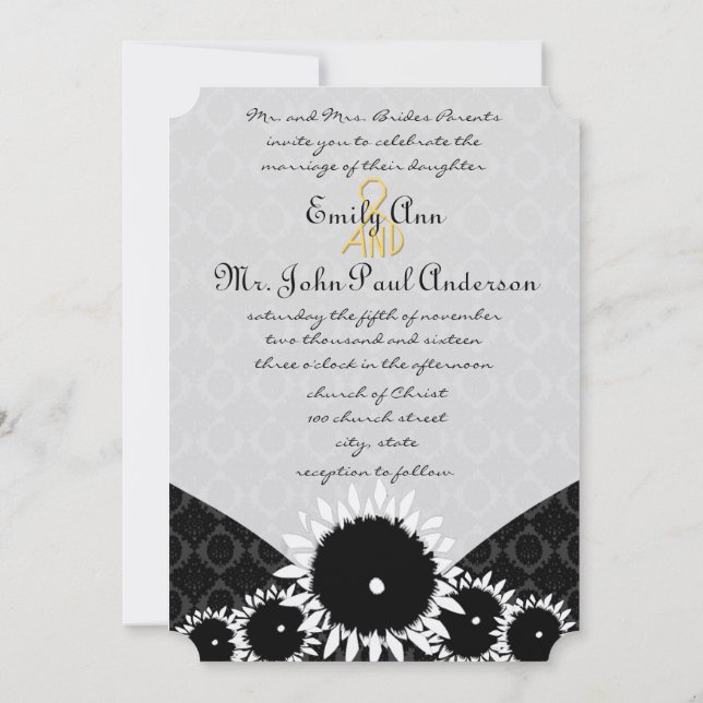 Black Sunflower Damask Wedding Invitations (Back)