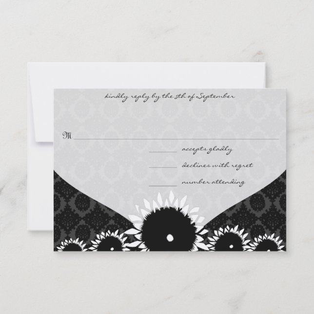 Black Sunflower Damask Wedding RSVP Card (Back)