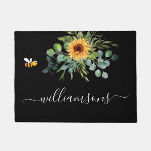 Black sunflower eucalyptus bee name script doormat