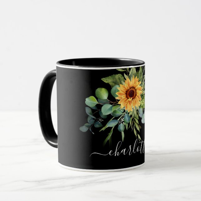 Black sunflower eucalyptus greenery name script mug (Front Left)