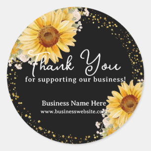 Black Sunflower Faux Gold Glitter Business Wedding Classic Round Sticker