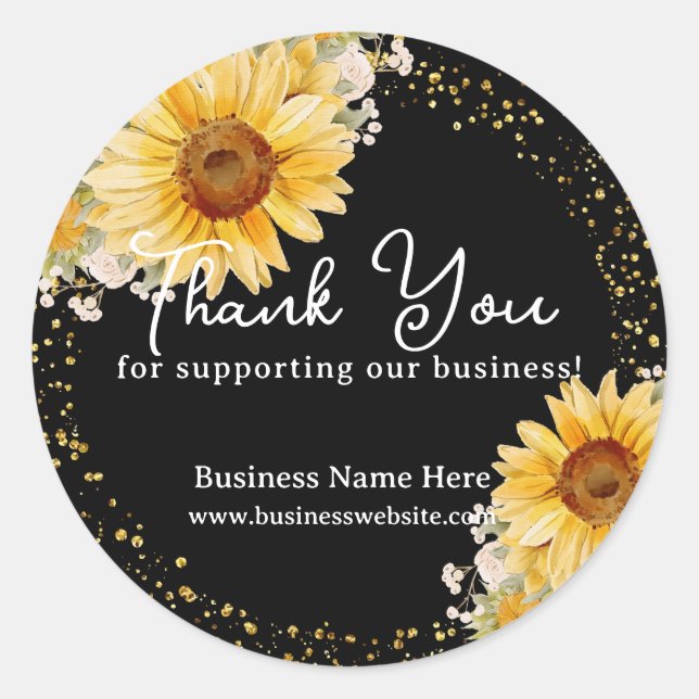 Black Sunflower Faux Gold Glitter Business Wedding Classic Round Sticker (Front)