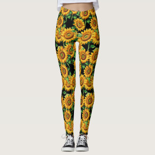 Black Sunflower Floral Cottagecore Pattern Leggings