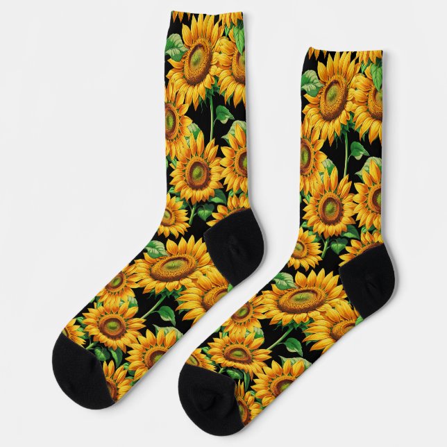 Black Sunflower Floral Cottagecore Pattern Socks (Left)