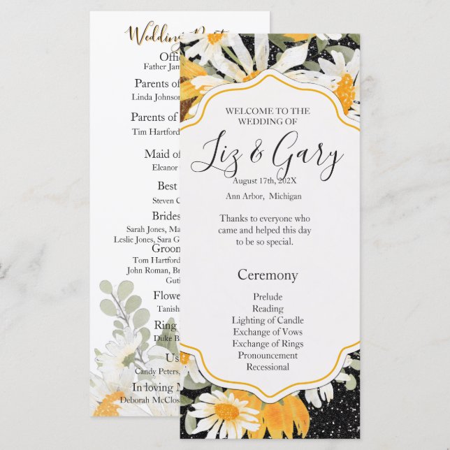 Black Sunflowers Glitter Summer Wedding Program Menu (Front/Back)