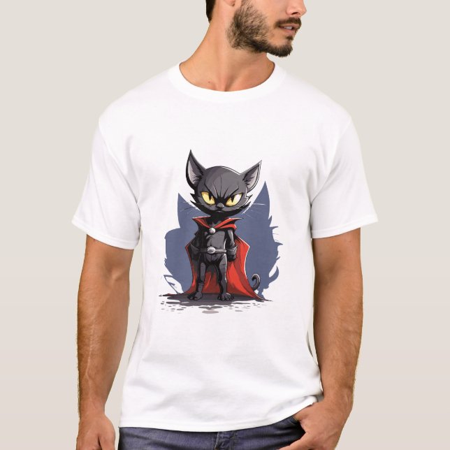 Black Superhero Cat with Red Cape T-Shirt (Front)