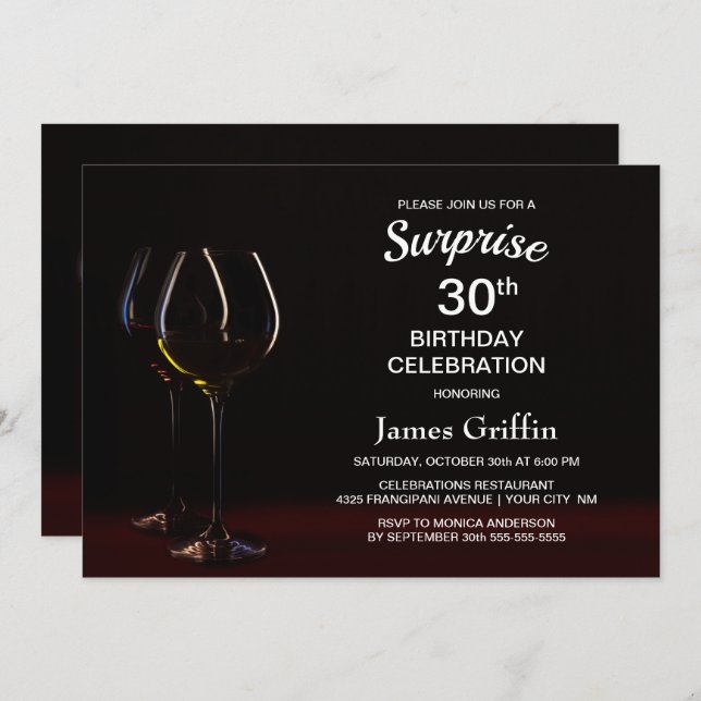 Black Surprise 30th Birthday Wine Glass Party Invitation (Front/Back)