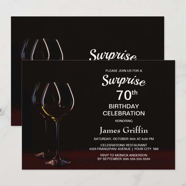 Black Surprise 70th Birthday Wine Glass Party Invitation (Front/Back)