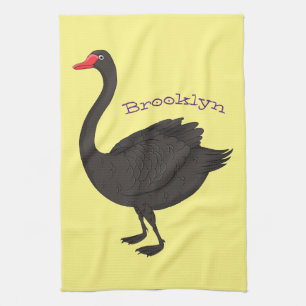 Black swan cartoon illustration tea towel