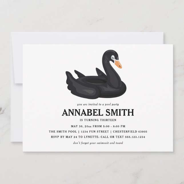 Black Swan Float Birthday Pool Party Invitation (Front)