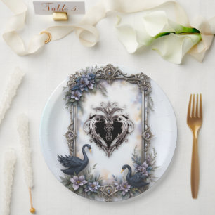 Black Swan Wedding Frame – Gothic Romance Love Paper Plate