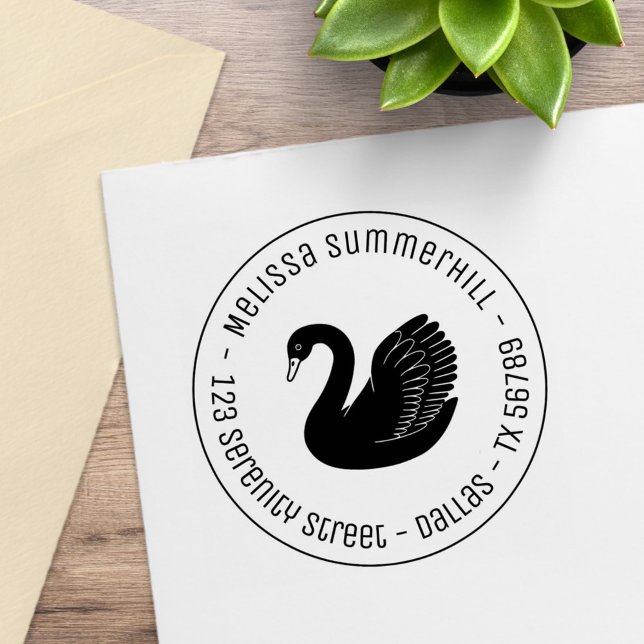 Black Swan Wings up Round Address Rubber Stamp (Creator Uploaded)