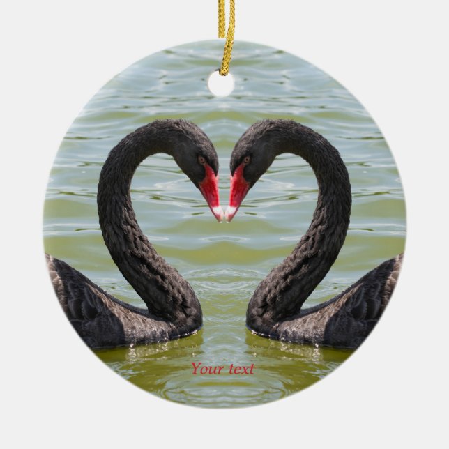 Black swans in heart shape ceramic tree decoration (Front)