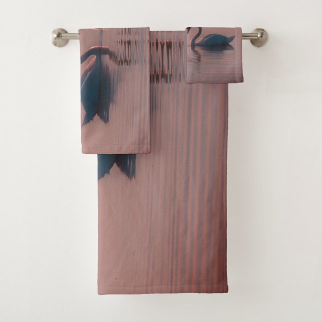 Black Swans Swim Pink Sky Bath Towel Set (Insitu)