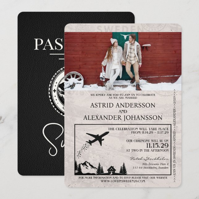 Black Sweden Passport Wedding Invitation (Front/Back)