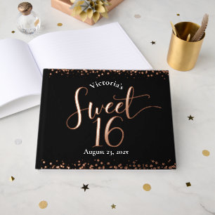 Black Sweet 16 Birthday Glam Real Rose Gold Foil Guest Book