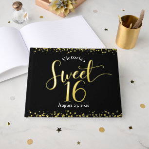Black Sweet 16 Birthday Keepsake Real Gold Foil Guest Book