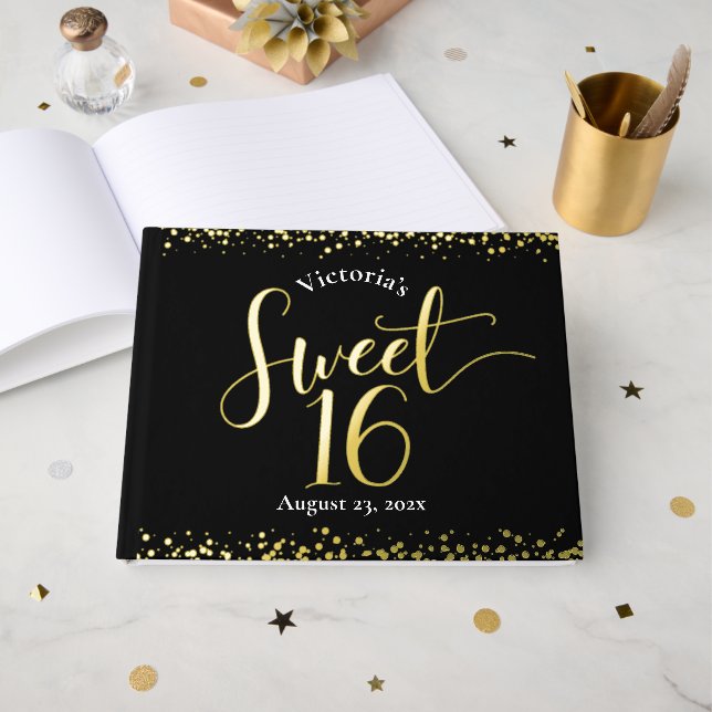 Black Sweet 16 Birthday Keepsake Real Gold Foil Guest Book (Front Open)