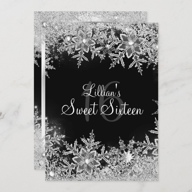 Black Sweet 16 Diamond Snowflake Winter Wonderland Invitation (Front/Back)