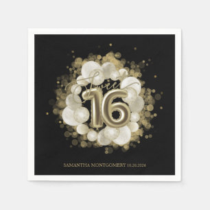 Black Sweet 16 Gold Watercolor Balloons Napkin