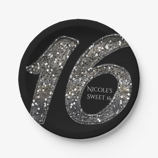 Black Sweet 16 Silver Glitter Glam Birthday Party Paper Plate (Front)