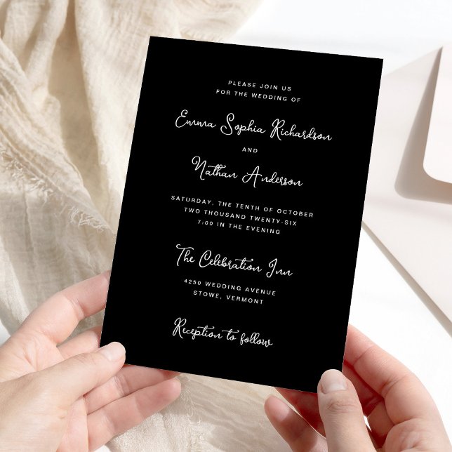 Black Sweet and Whimsical | Simple Wedding Invitation (An elegant, dark black wedding invitation with whimsical, vintage style white script)