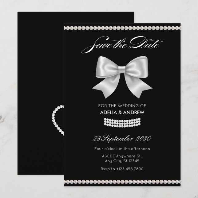 Black sweet bow pearl wedding save the date (Front/Back)