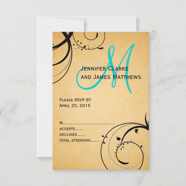 Black Swirl Aqua Monogram Wedding RSVP Card (Front)
