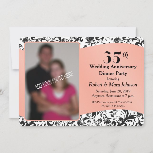 Black Swirl & Coral 35th Wedding Anniversary Photo Invitation (Front)