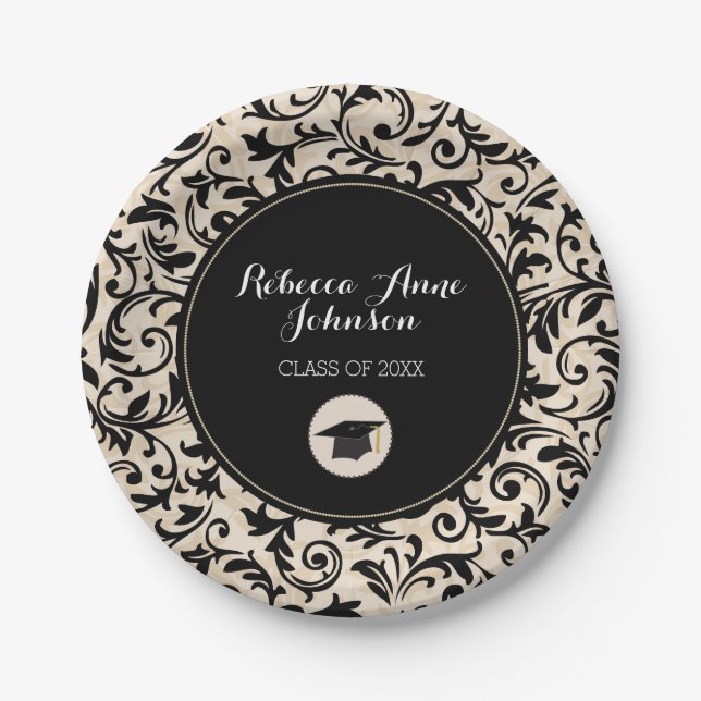 Black Swirl Damask on Tan, Personalised Graduation Paper Plate (Front)