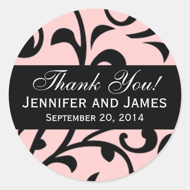 Black Swirl Damask Wedding Thank You Labels Pink (Front)