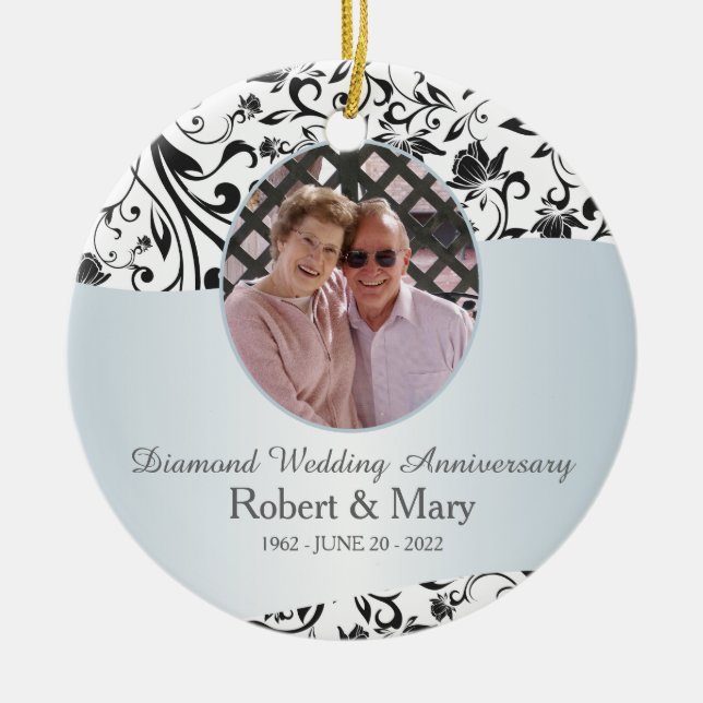 Black Swirl Diamond 60th Wedding Anniversary Photo Ceramic Tree Decoration (Front)