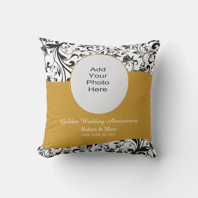 Black Swirl & Gold 50th Wedding Anniversary Photo Cushion (Front)