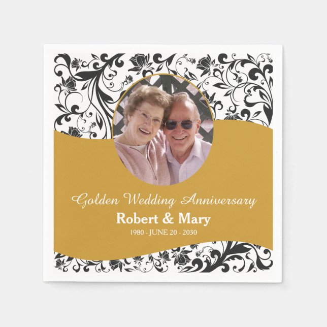 Black Swirl & Gold 50th Wedding Anniversary Photo Napkin (Front)