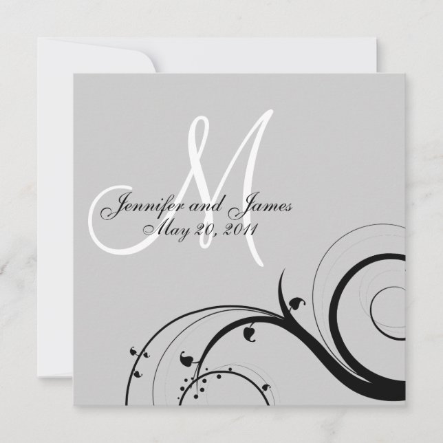 Black Swirl Monogram Grey Wedding Invitation (Front)