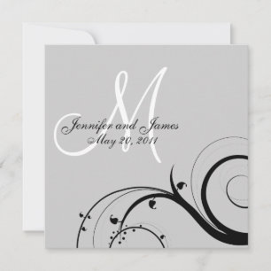 Black Swirl Monogram Grey Wedding Invitation