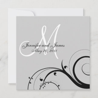 Black Swirl Monogram Grey Wedding Invitation